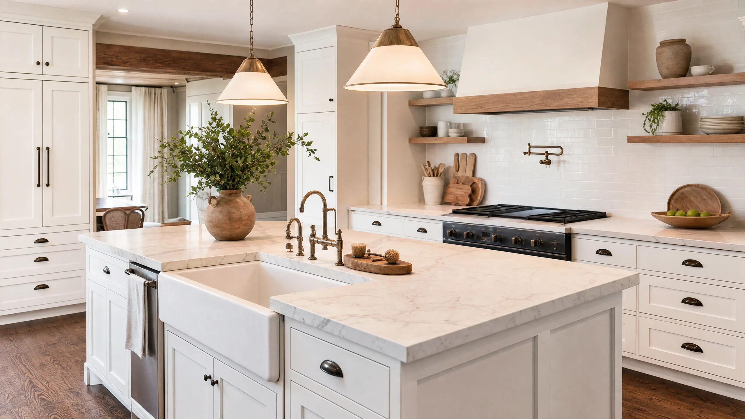 Modern farmhouse kitchen with cream quartz countertops