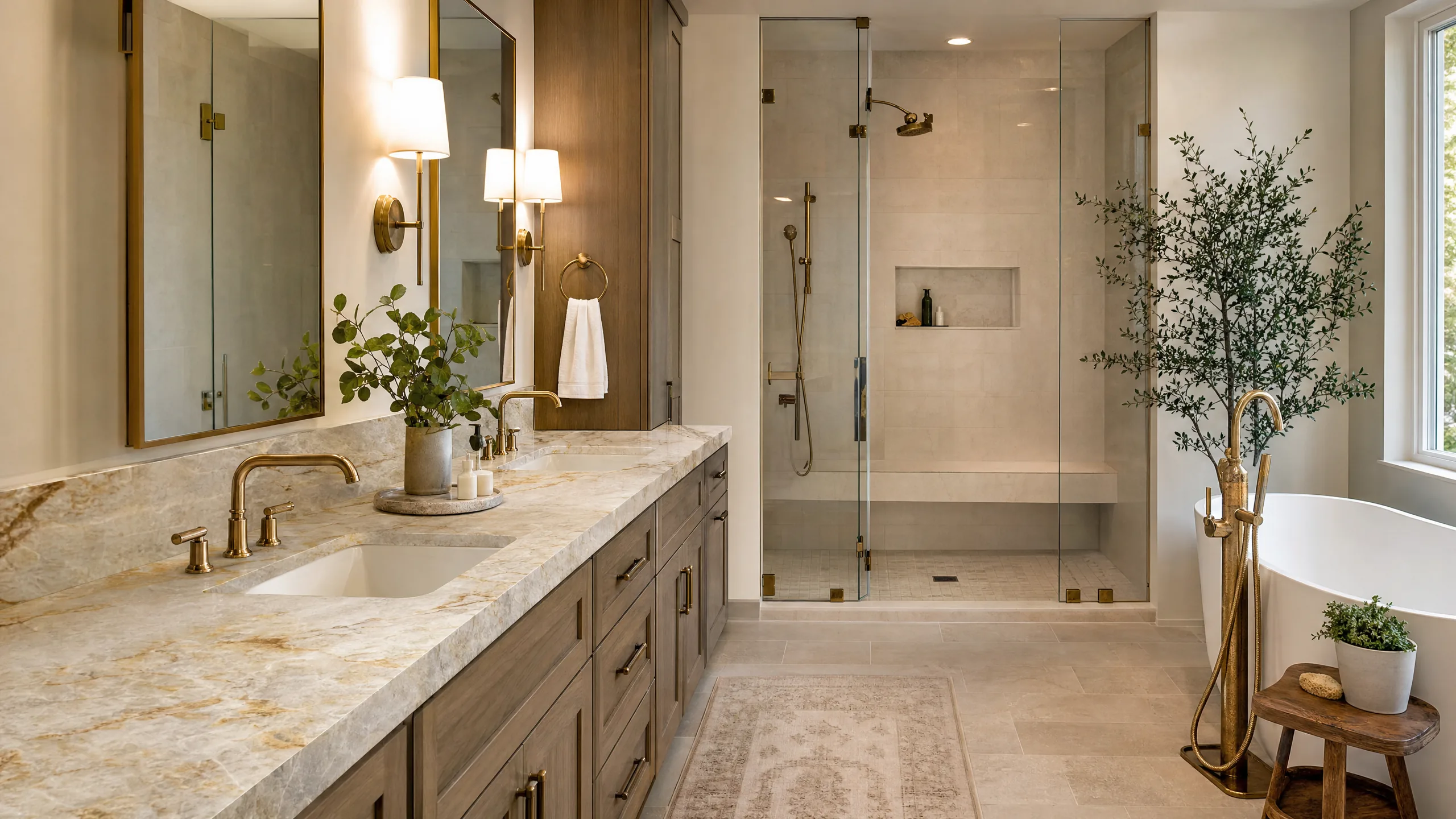 Transitional master bathroom with Taj Mahal quartzite