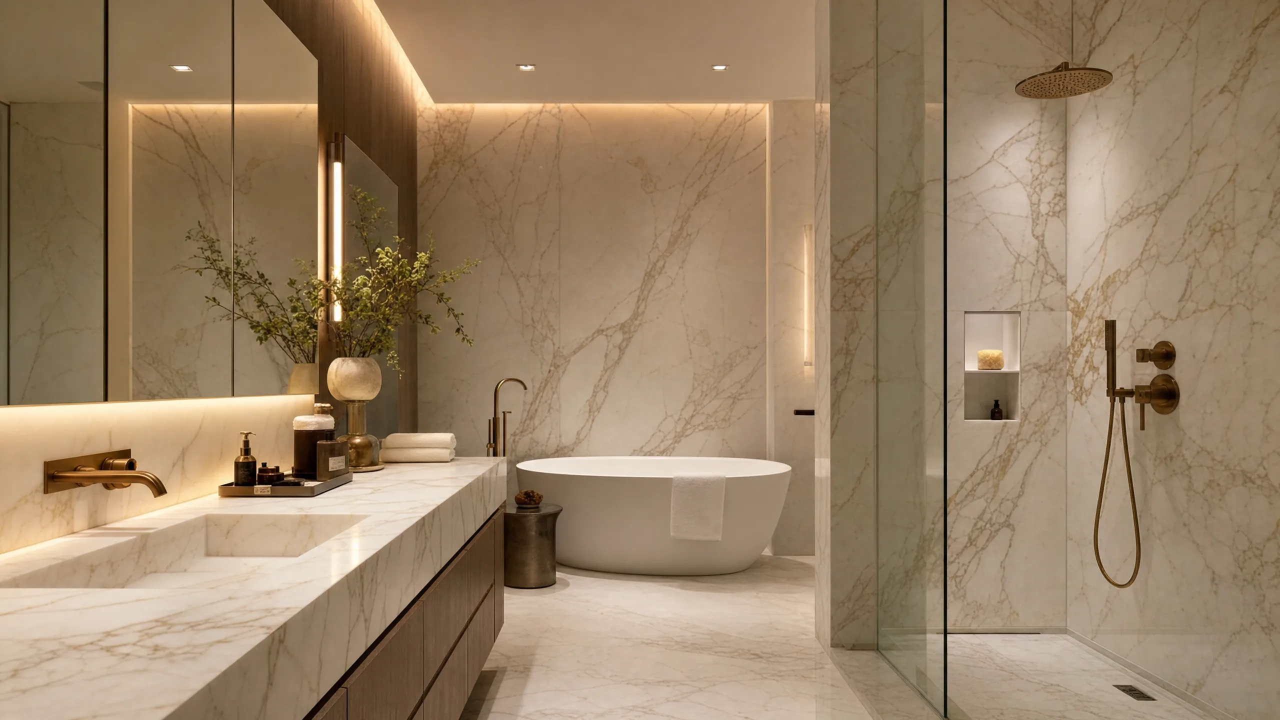 Spa-style bathroom with full marble surfaces