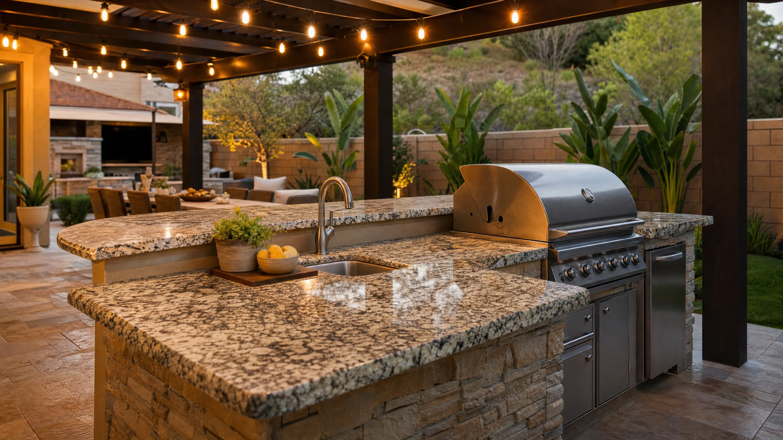 Outdoor kitchen with warm granite countertop