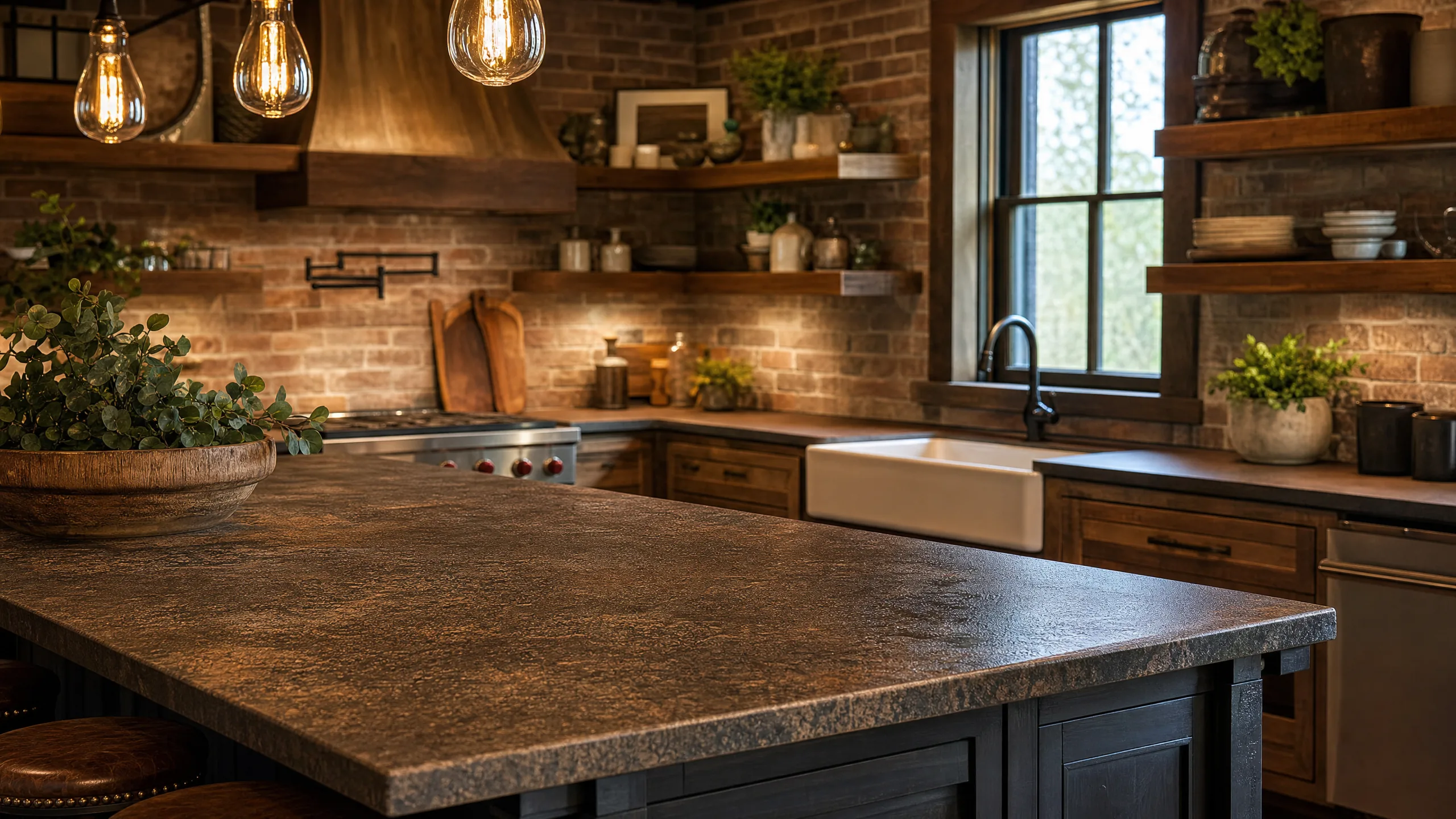 Rustic modern kitchen with leathered granite island