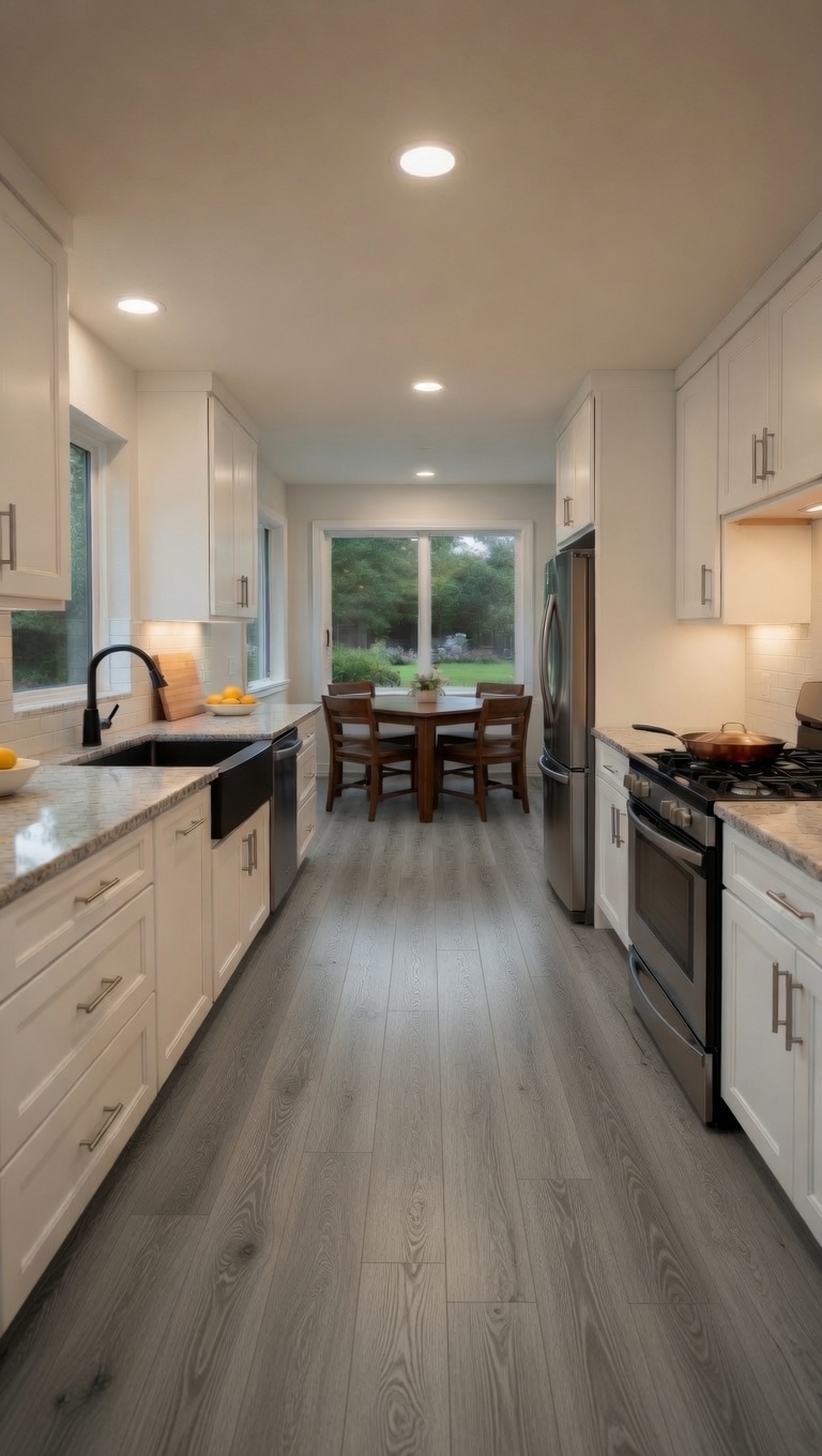 White granite galley kitchen with farmhouse sink and matte black hardware, Sacramento