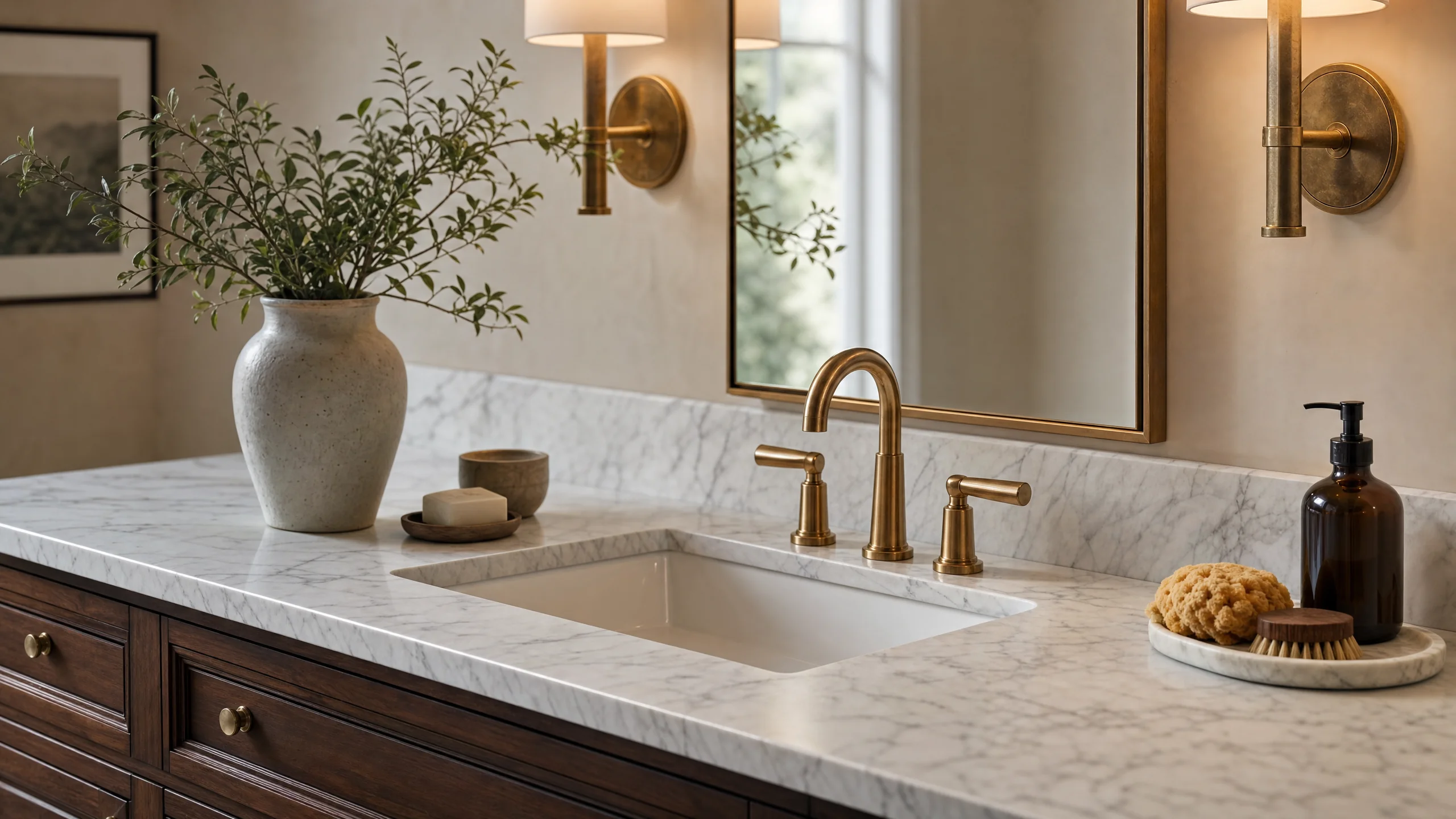 Elegant bathroom vanity with natural marble countertop and undermount sink showing the luxury of stone in a bathroom setting