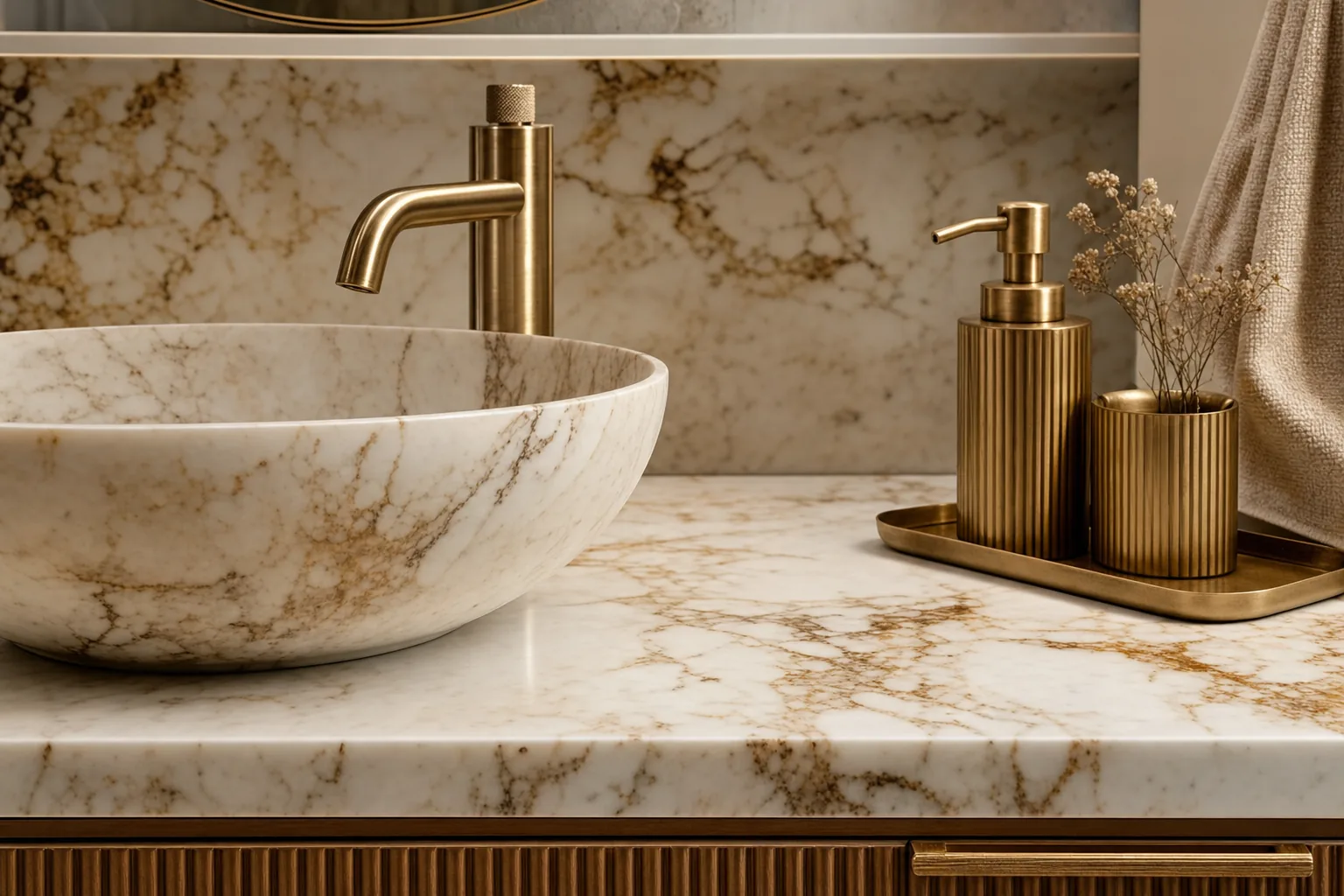 Close-up of marble bathroom vanity countertop with elegant veining and a vessel sink