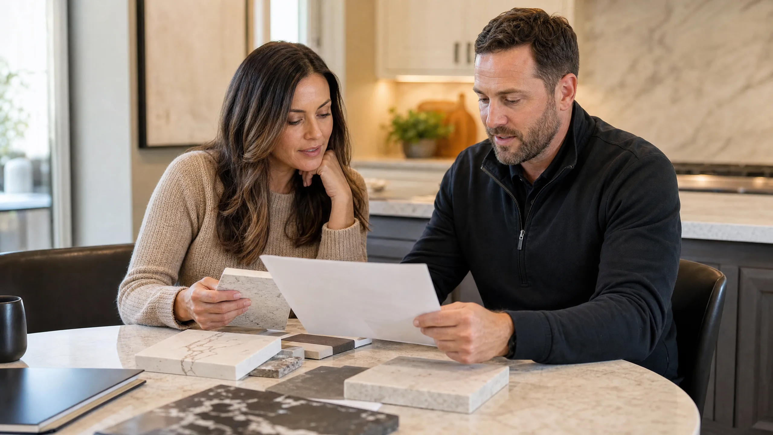 Homeowner couple reviewing stone countertop samples and a printed quote together at a kitchen table