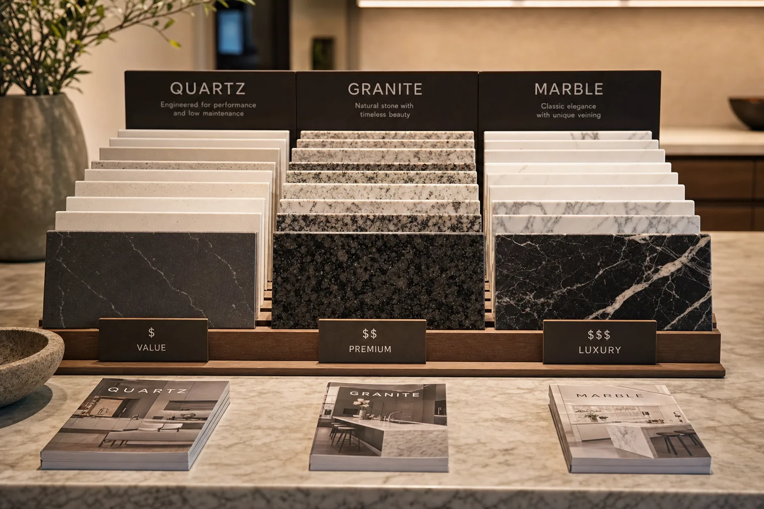 Organized display of stone countertop samples in different materials and price tiers arranged on a table