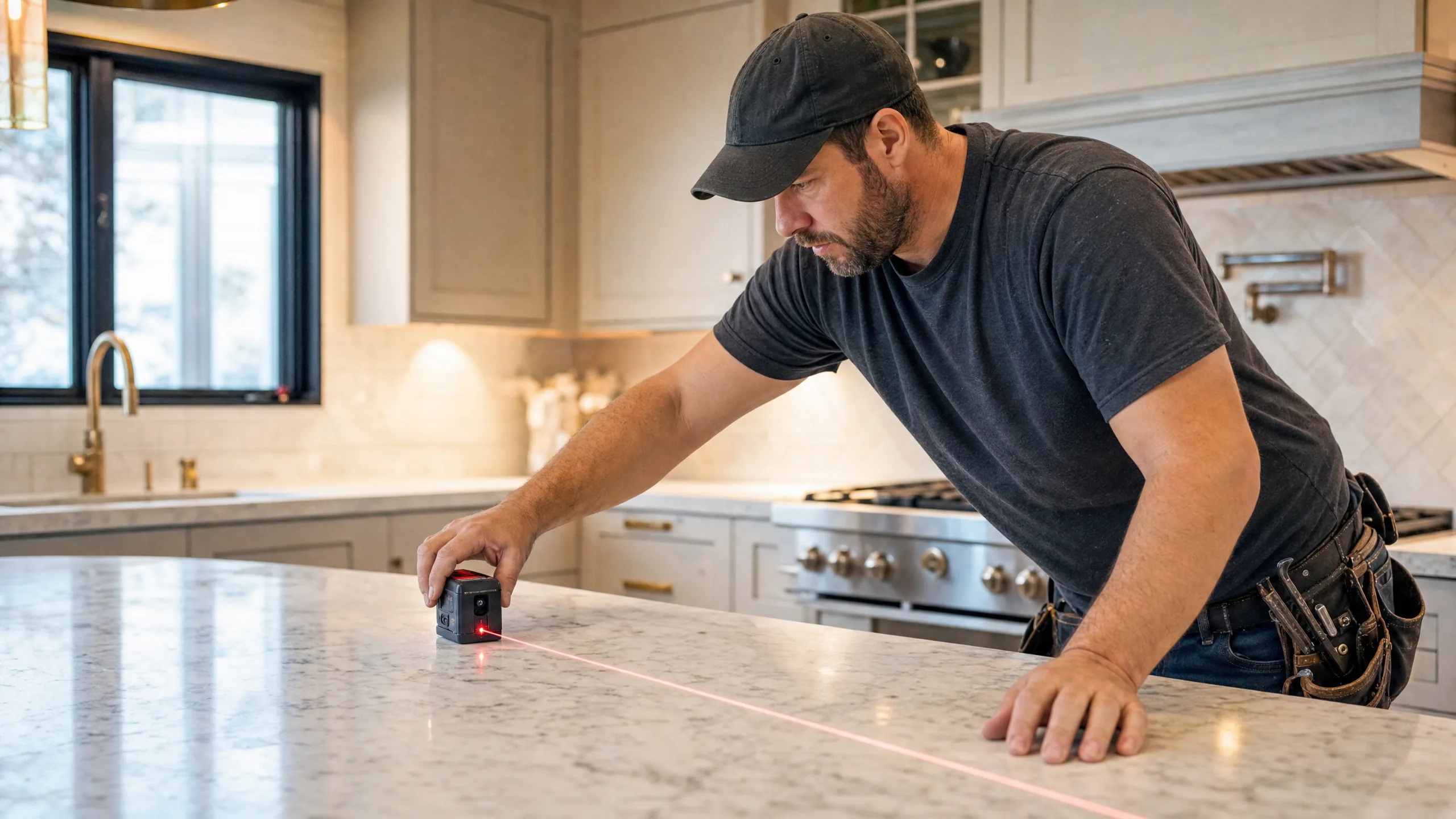 Two professional countertop installers carefully carrying a large granite slab into a kitchen using suction cup handles