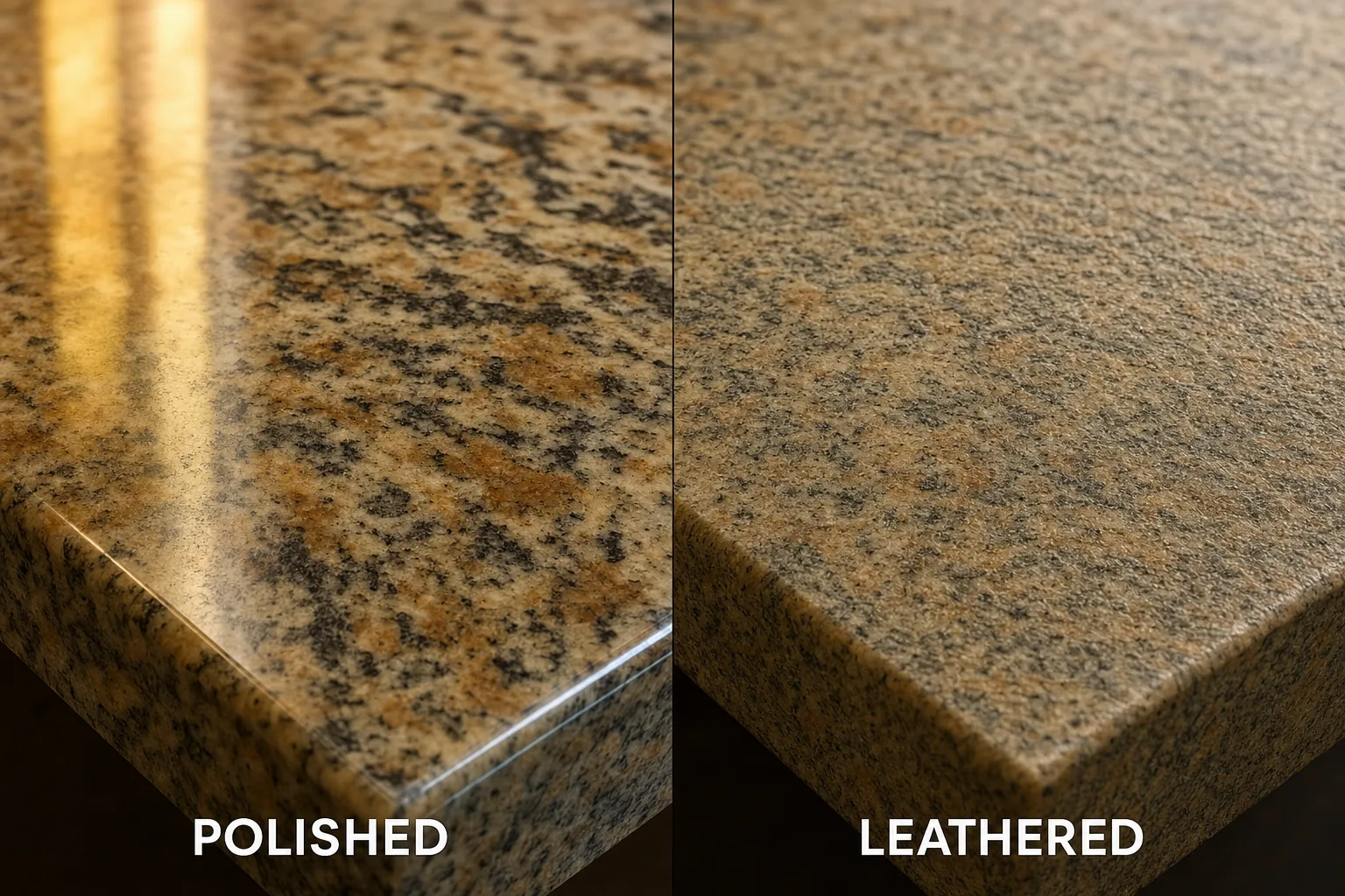 Side-by-side comparison of the same granite in polished finish versus leathered finish showing the visual difference