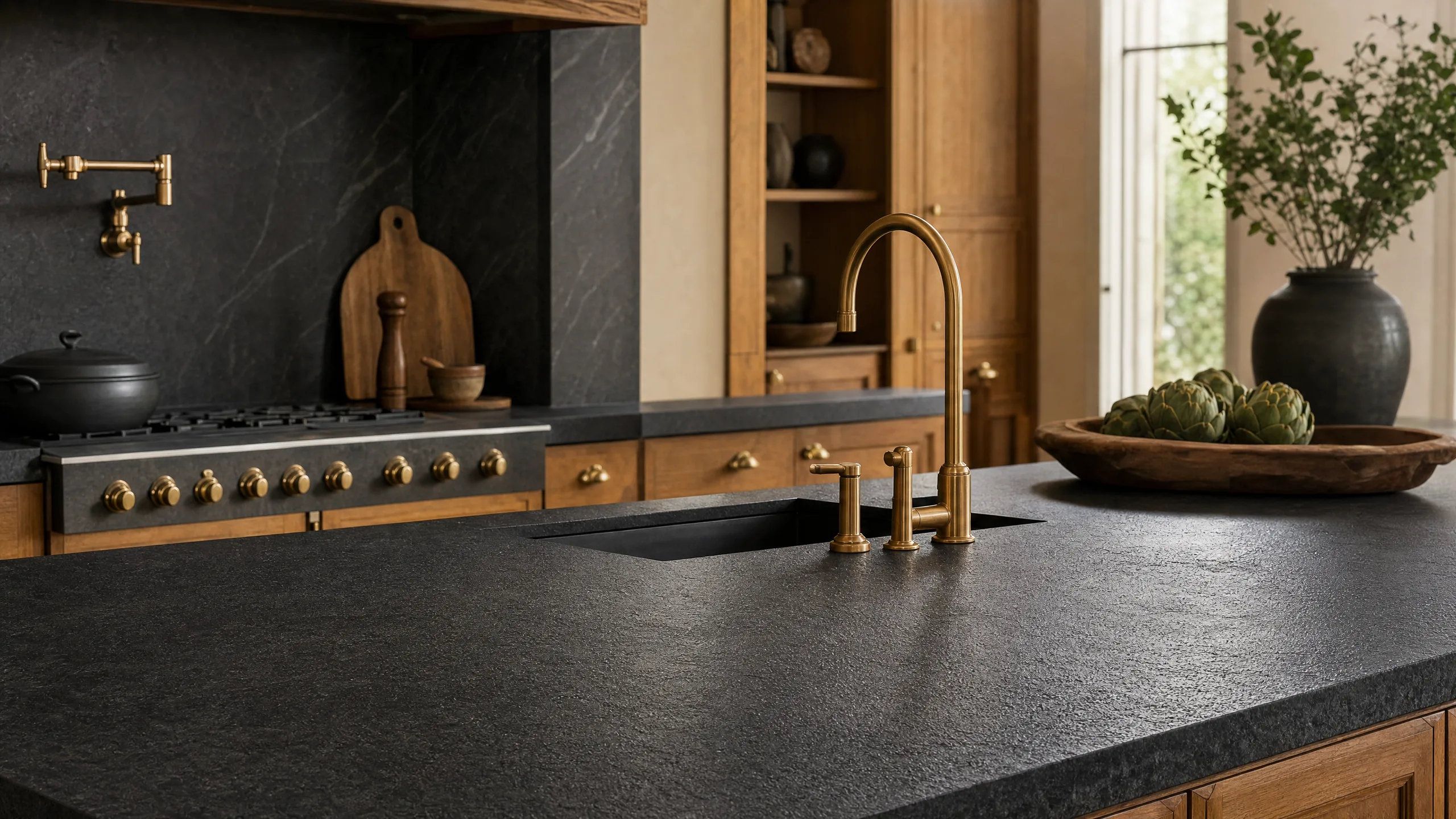 Kitchen with leathered dark granite countertops showing the distinctive matte textured finish under warm lighting