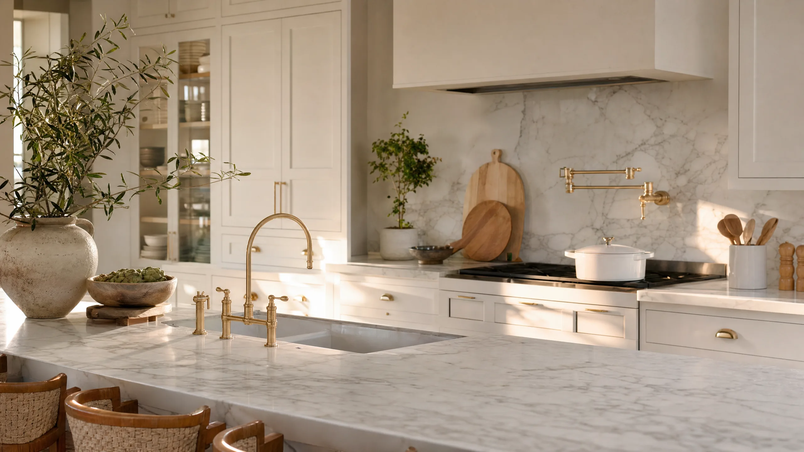 Well-designed kitchen showing the relationship between warm quartzite countertops and white oak cabinetry