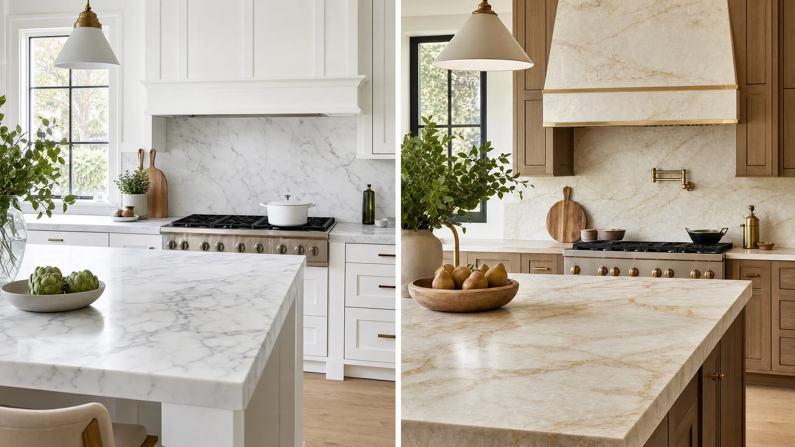 Side-by-side kitchen comparison showing white marble countertops and dramatic quartzite countertops