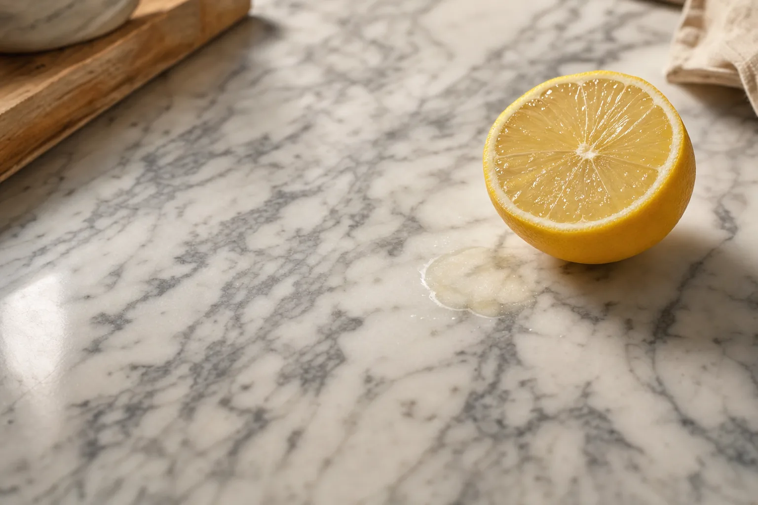 Close-up of white Calacatta marble countertop showing elegant grey veining