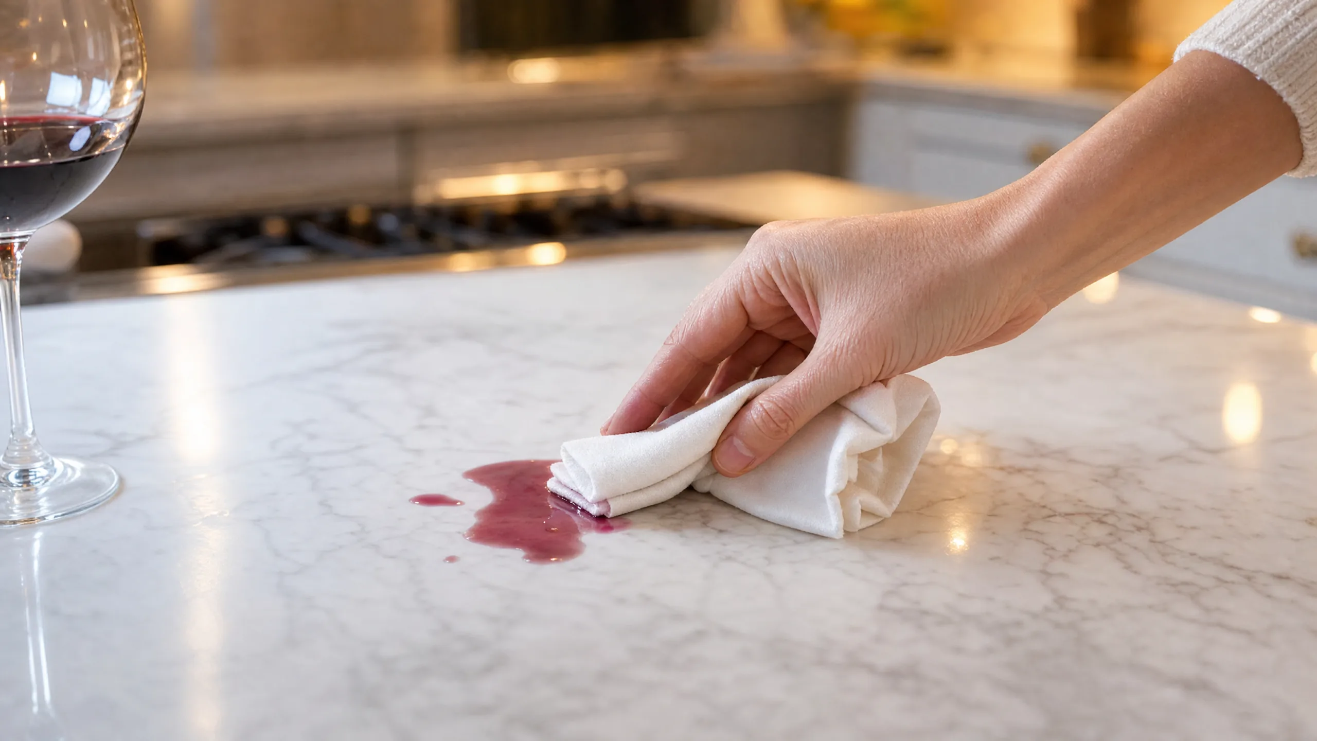 White marble kitchen countertop with a red wine stain showing the vulnerability of marble to acidic liquids