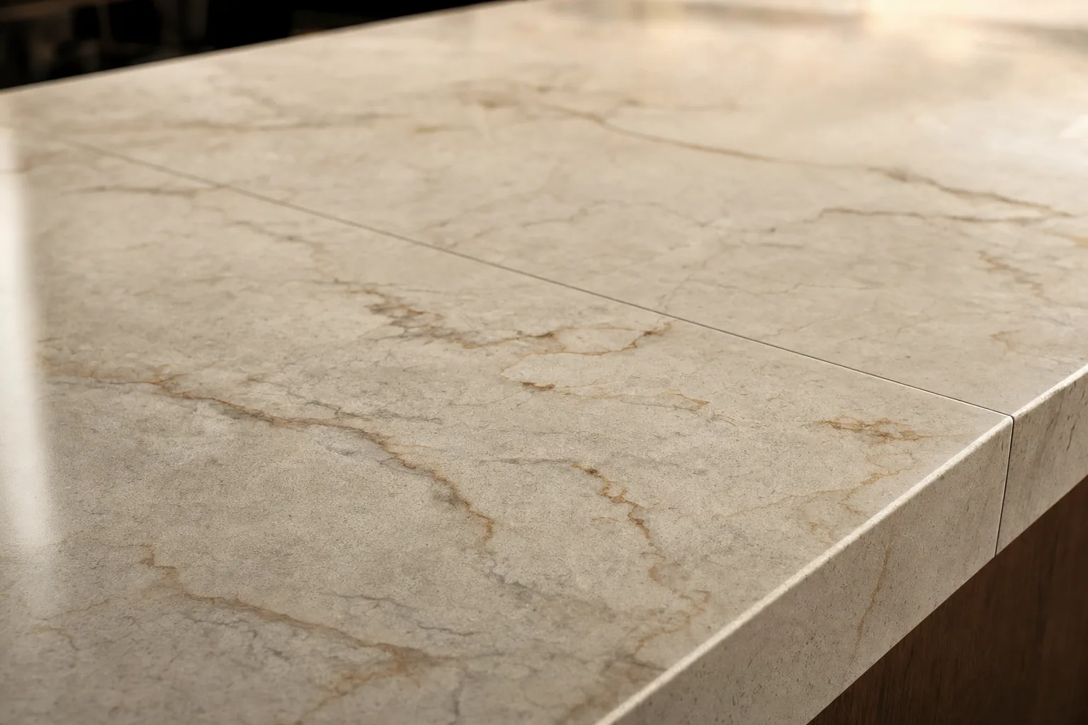 Close-up of a porcelain slab countertop edge showing the mitered edge detail and thin profile