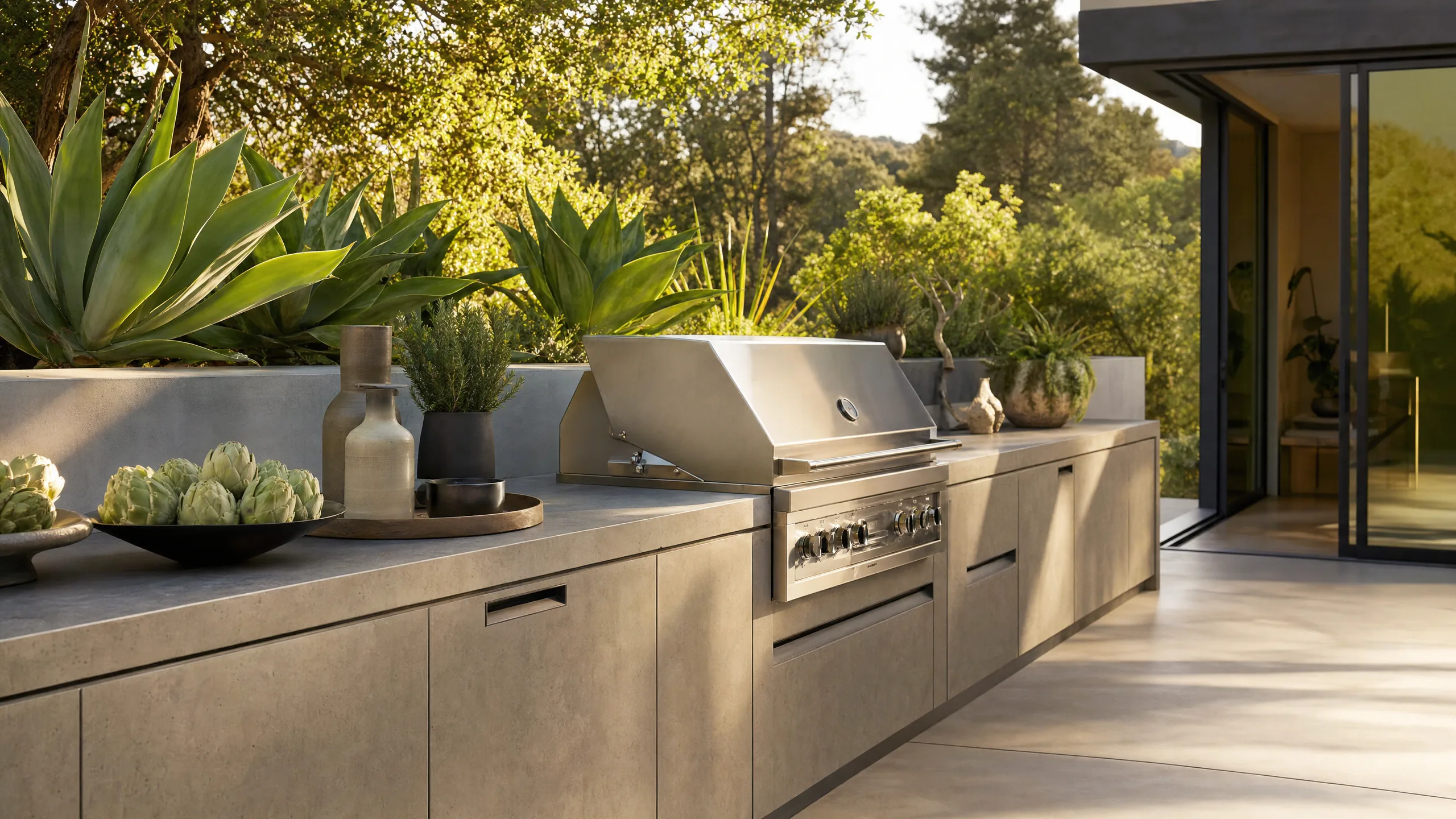 Modern outdoor kitchen with ultra-thin porcelain slab countertops in a marble-look finish