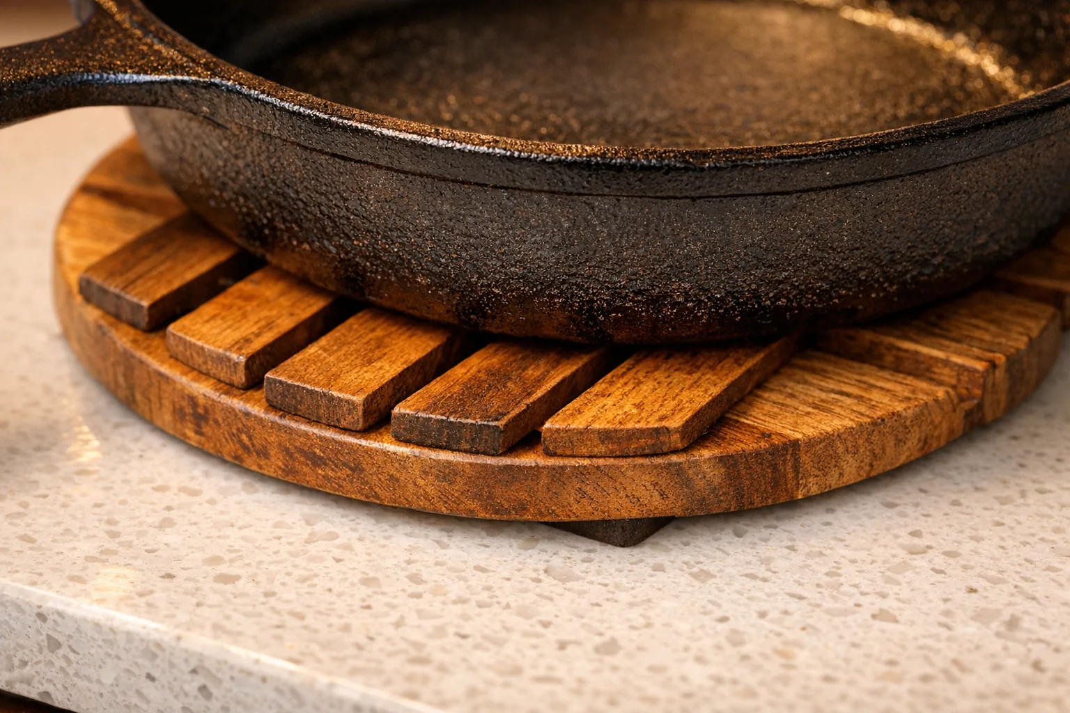 Trivet protecting a quartz countertop from a hot cast iron pan