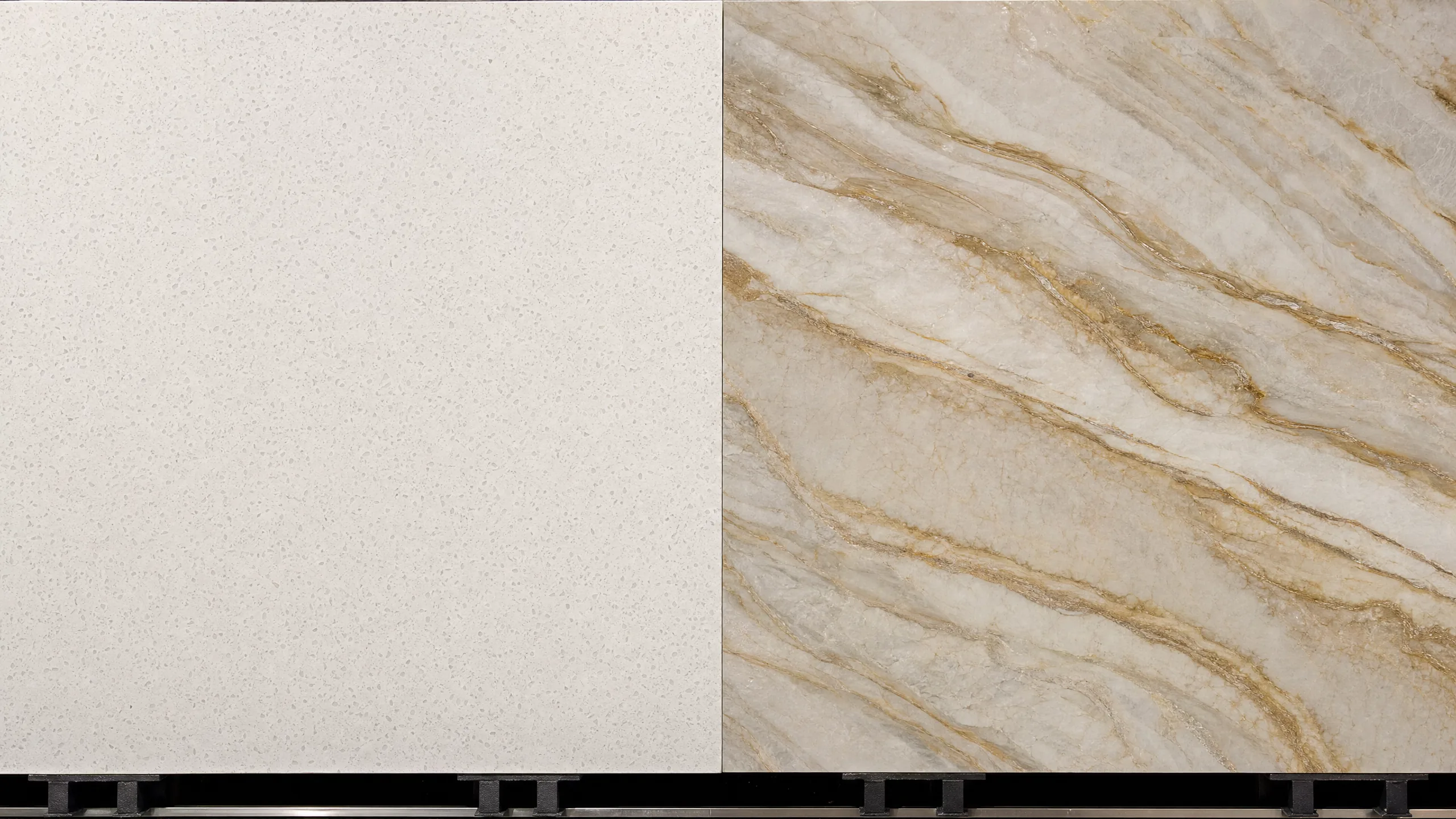 Side-by-side comparison of engineered quartz countertop and natural quartzite slab showing the visual differences