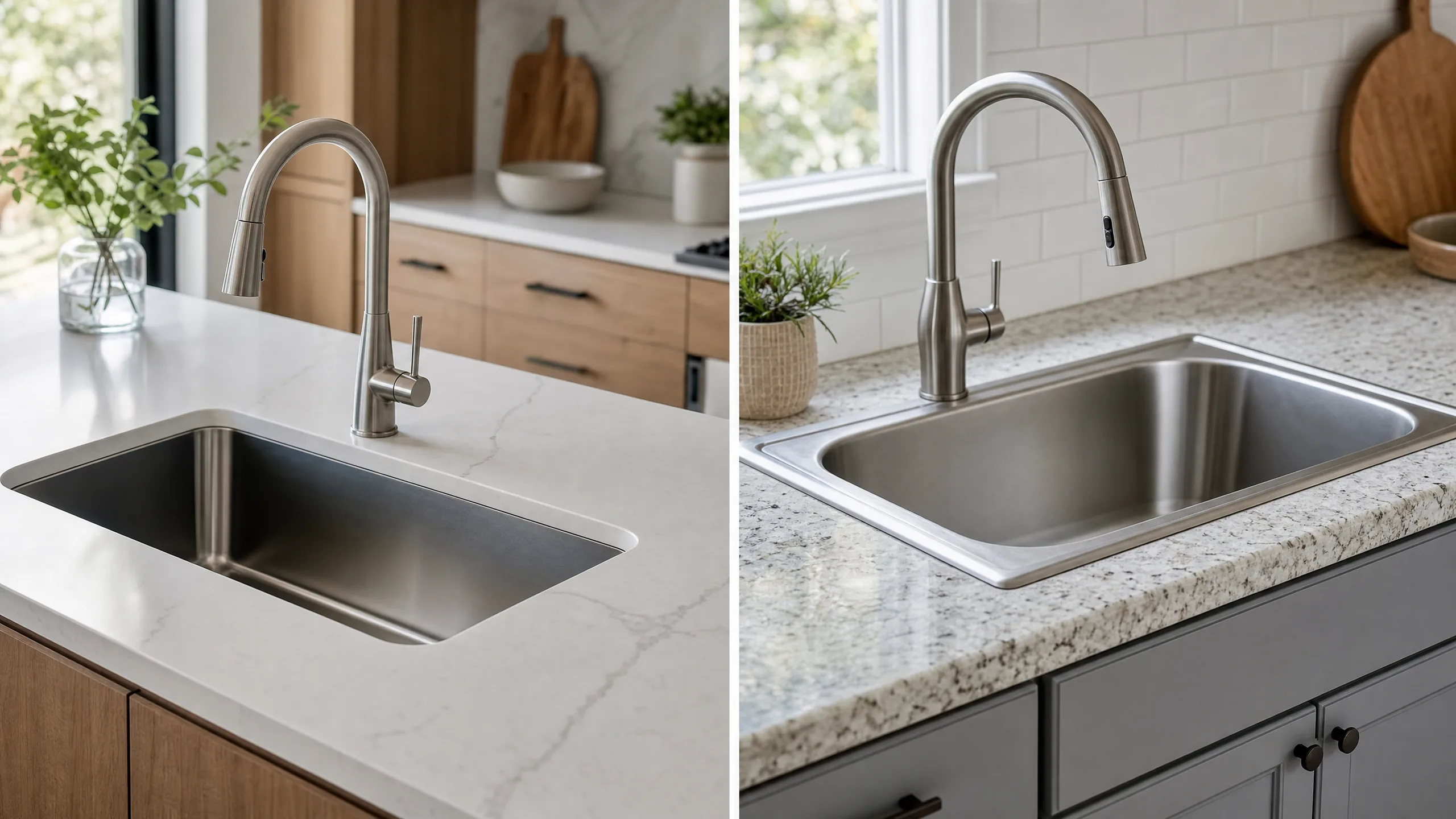 Side-by-side kitchen sink comparison showing undermount sink on left and drop-in sink on right with stone countertops