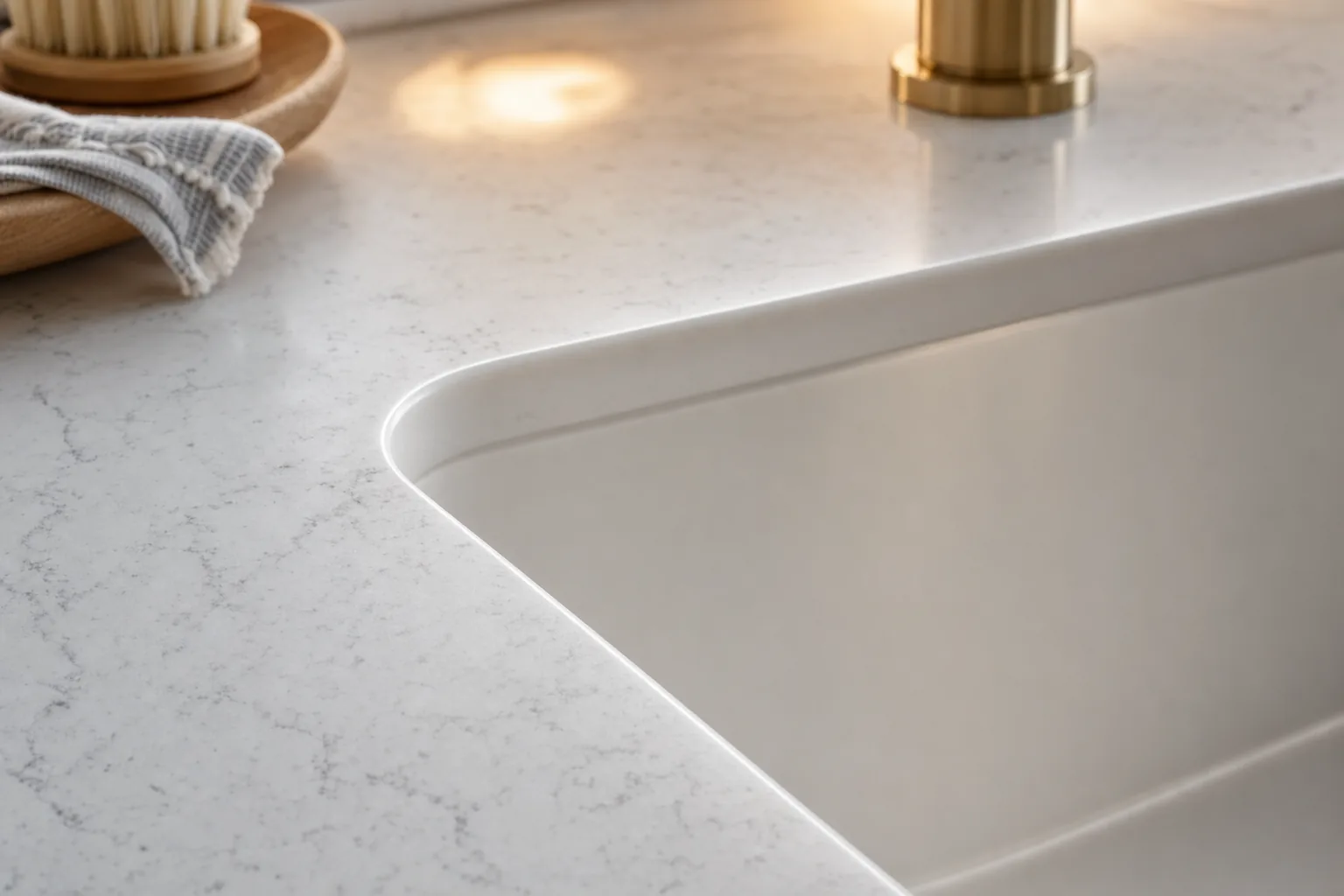 Close-up of an undermount sink installation showing the clean stone edge and seamless transition from countertop to sink