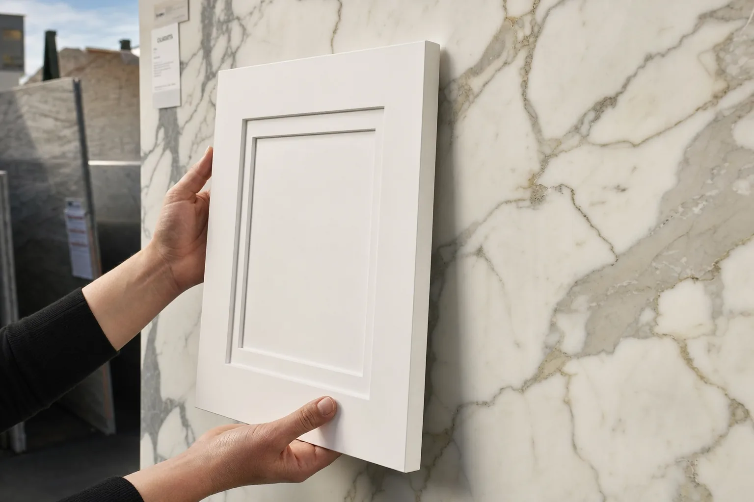 Person holding a white cabinet door sample against a large Calacatta marble slab in a slab yard comparing colors