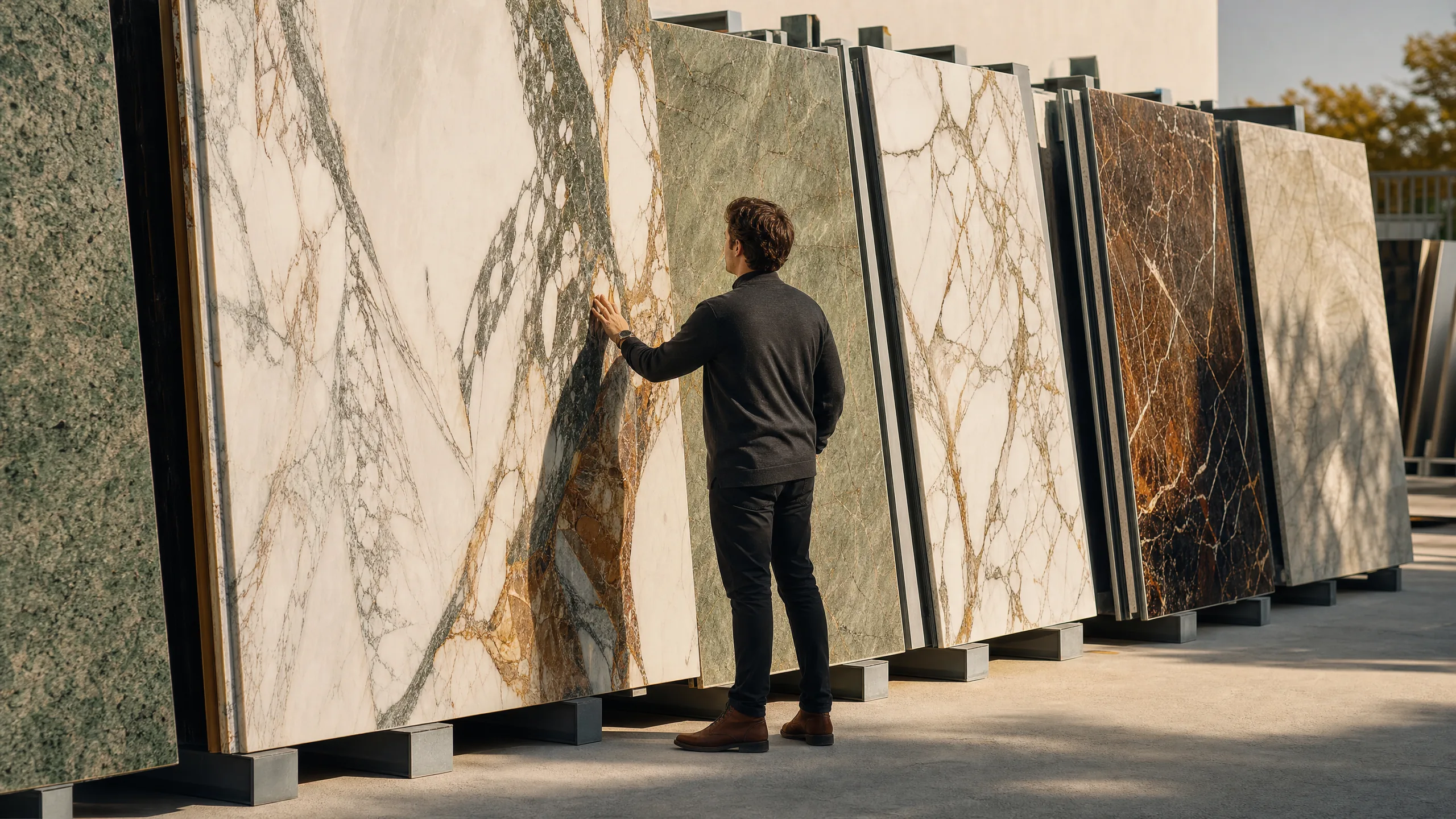 Person standing in a stone slab yard examining large vertical slabs of marble and quartzite leaning against metal racks