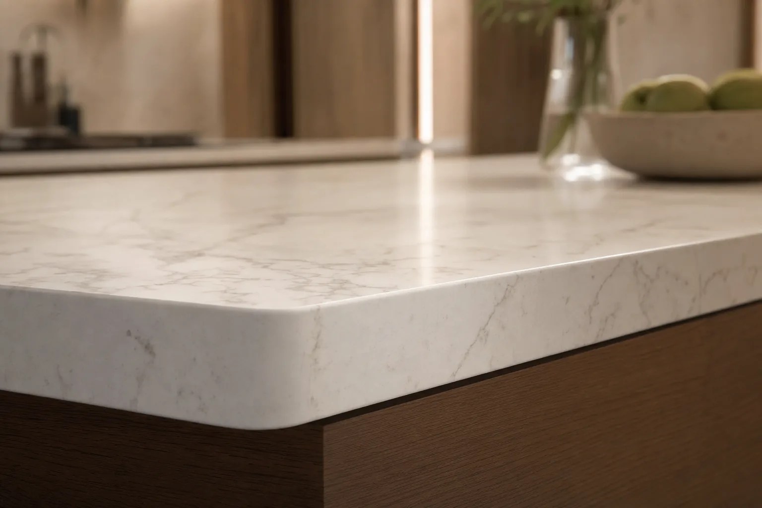 Close-up of a 3cm thick granite countertop edge showing the substantial profile and eased edge detail
