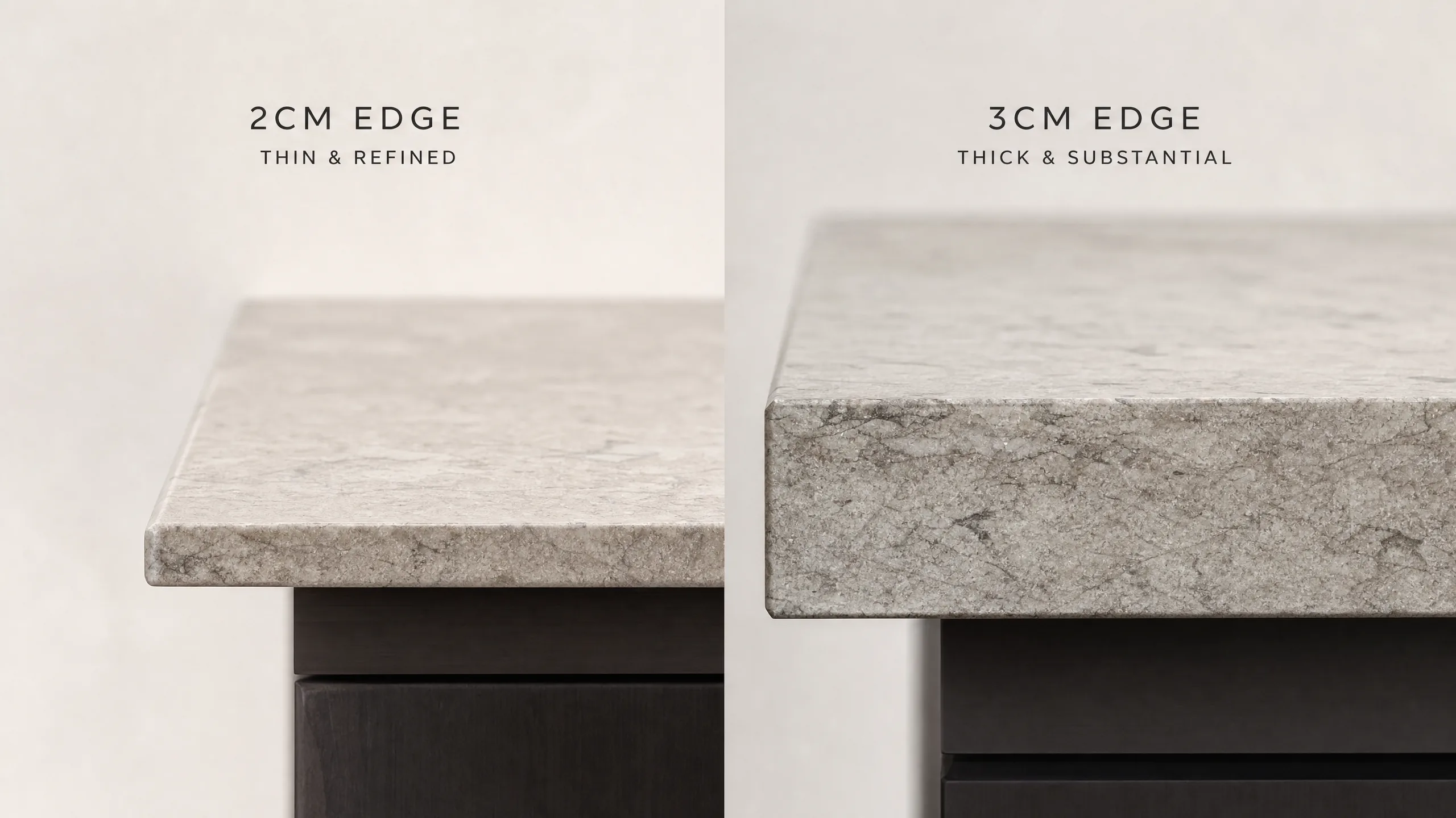 Kitchen countertop edge showing the substantial visual presence of a 3cm thick stone slab