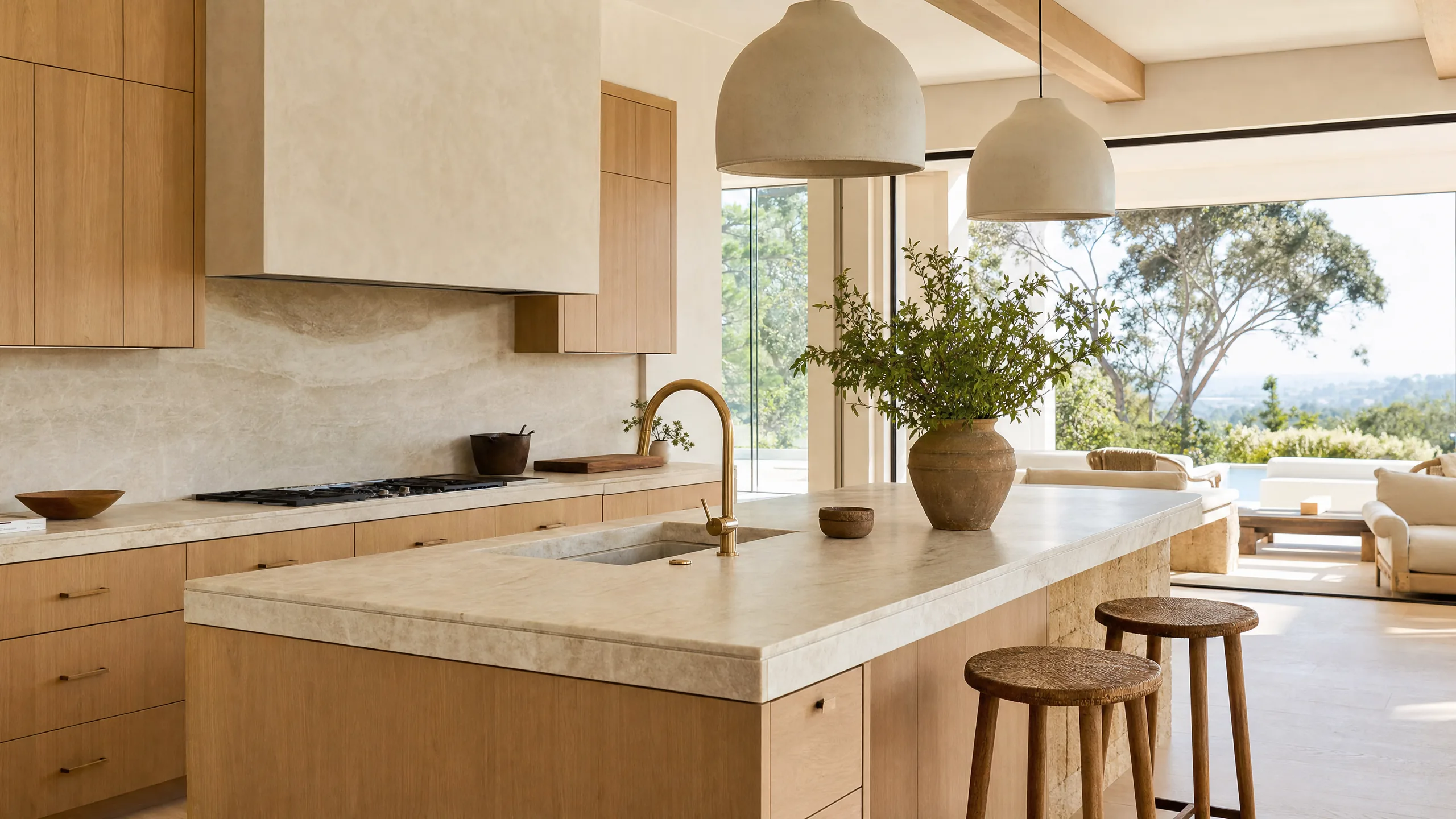 Modern Sacramento kitchen featuring warm-toned quartzite countertops and white oak cabinetry representing 2025 trends