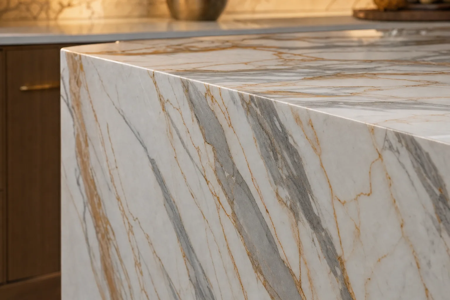 Close-up of a waterfall edge showing matched veining flowing seamlessly from horizontal to vertical surface