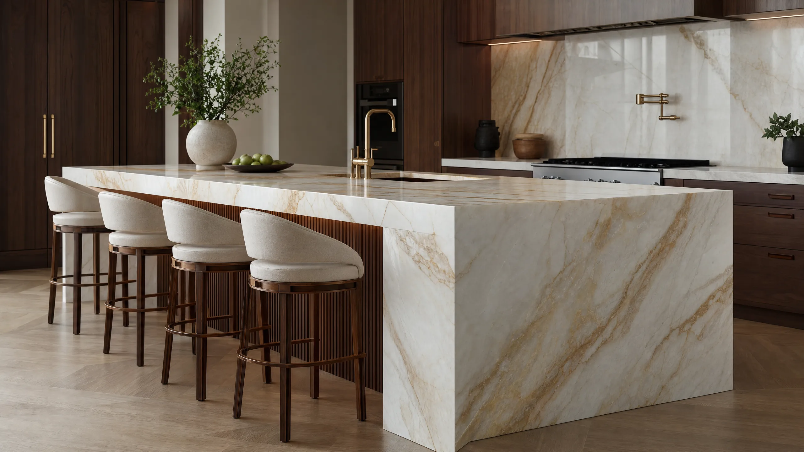 Stunning modern kitchen island with a dramatic full waterfall edge in white quartzite flowing to the floor