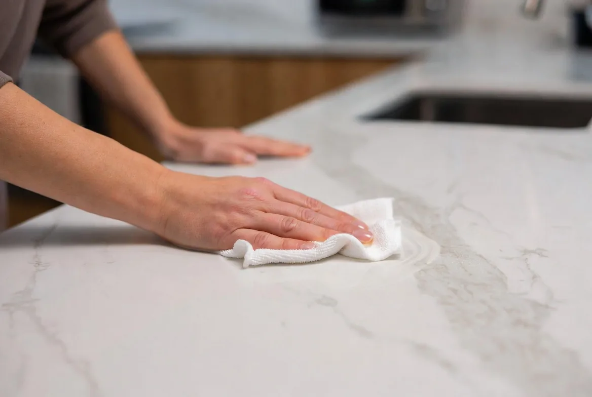 Person wiping a quartz countertop clean with a cloth, demonstrating how easy quartz is to maintain