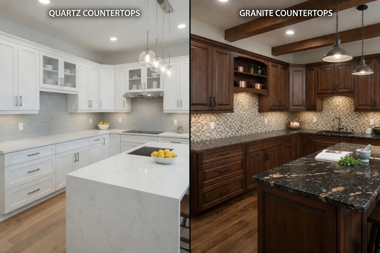 Side-by-side comparison of a white quartz kitchen with white countertops and a dark wood kitchen with granite countertops